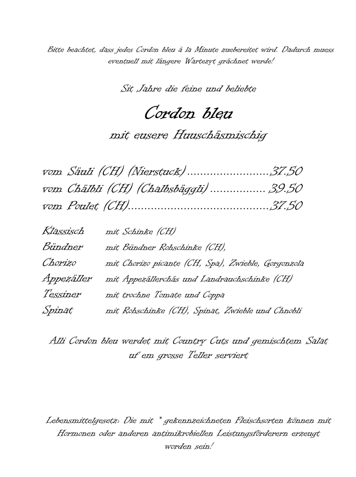 Speisekarte Cordon bleu